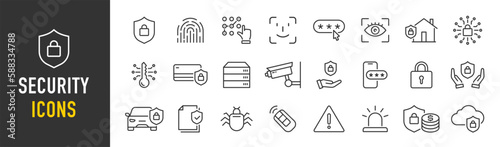Security web icons in line style. Guard, cyber security, password, smart home, safety, data protection, key, shield, lock, unlock, eye access. Vector illustration. photo