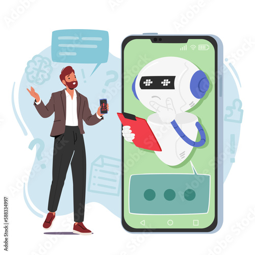 Man Character Utilizes Chatbot For Technical Support, Experiencing A Prompt, Automated, And Hassle-free Resolution