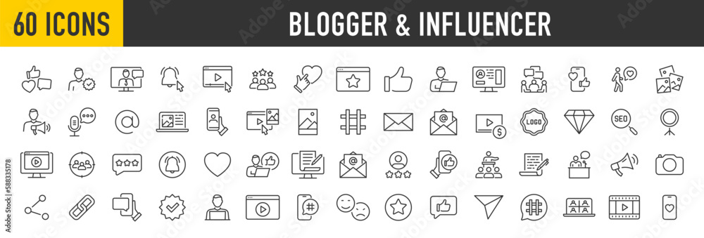 Set of 60 Blogger and Influencer web icons in line style. Blog, monetization, personal brand, video, likes, social media, collection. Vector illustration.