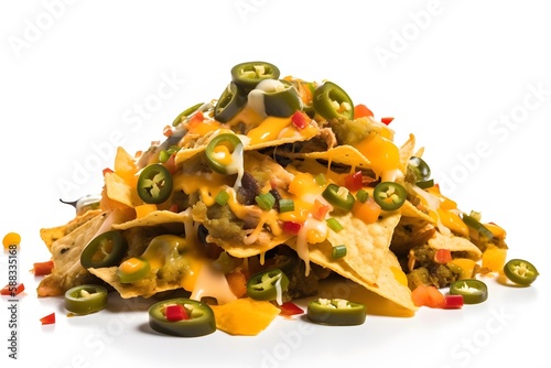 A heap of nachos with gooey cheese and spicy jalapenos. Generative AI