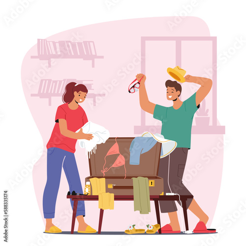 Young Couple Packing A Suitcase Together, Deciding On What To Bring For Their Upcoming Trip Cartoon Vector Illustration