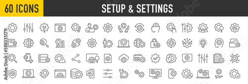 Set of 60 Setup and Settings web icons in line style. Options, download, update, configuration, gears, optimization, collection. Vector illustration. © iiierlok_xolms