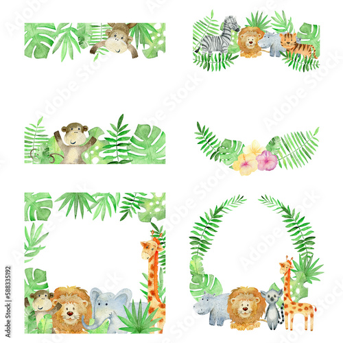 Photography Baby shower cards. Watercolor safari frames with animals.