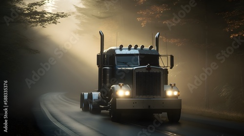 Heavy duty classic stylish big rig semi truck tractor with lot of chrome accessories transporting cargo driving on the road 