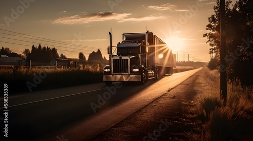 Heavy duty classic stylish big rig semi truck tractor with lot of chrome accessories transporting cargo driving on the road 