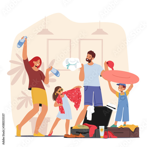 Young Family With Kids Packing Suitcase Organizing Their Belongings And Getting Ready For a Trip Vector Illustration