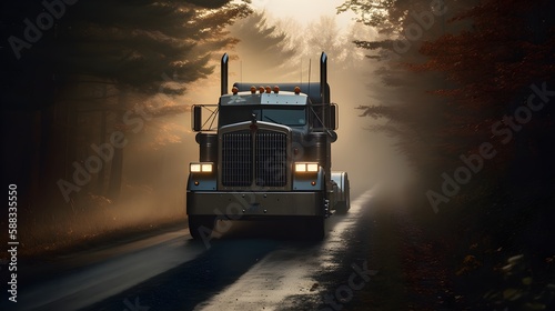 Heavy duty classic stylish big rig semi truck tractor with lot of chrome accessories transporting cargo driving on the road 