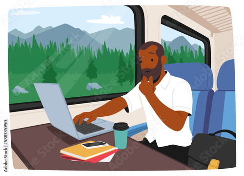 Man Using A Laptop While On A Train Commute. He Appears Focused And Productive Despite The Moving Vehicle