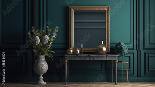 Frame mockup in dark green home interior  3d render. Generative Ai