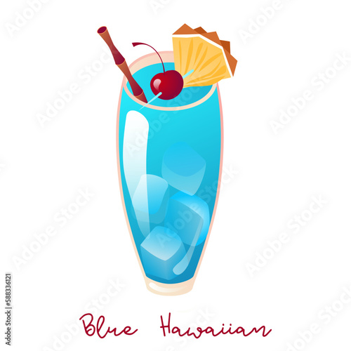 Vector illustration of alcohol Cocktail Blue Hawaiian, fruit garnish on glass of tropical cocktail with blue curacao liqueur, a cherry and a pineapple, hawaii mocktail drink with cubes of ice.