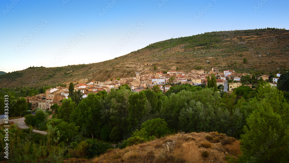 View of the village of Casas Altas in Rincón de Ademuz, Valencia, moments before nightfall. Summer 2022