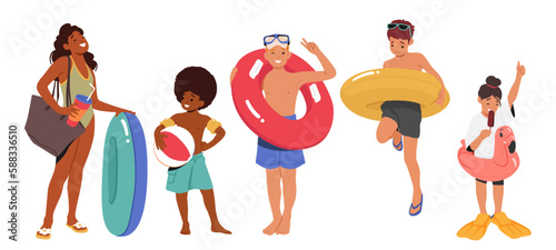 Children Standing with Inflatable Rings for Playing In Swimming Pool. Kids Characters Express Spirit Of Childhood