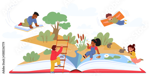 Children Reading Together On Top Of A Giant Book That Transports Them Into An Imaginative World