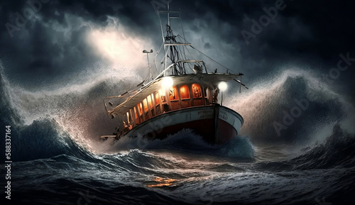 fisherman bouat on the dangerous sea (created with Generative AI) photo