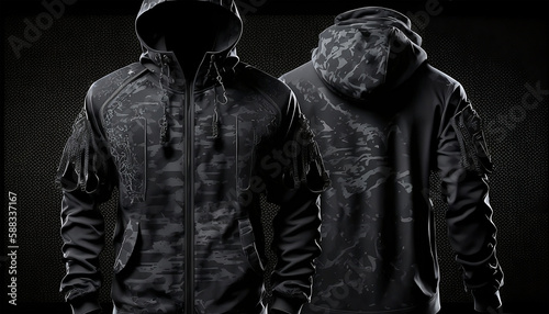black camo military hoodie for mockup (created with Generative AI)