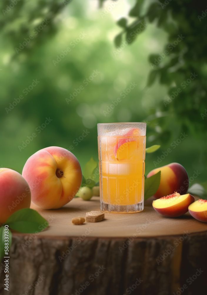 fresh peach fruit and juice in the garden fresh peach fruit and juice in the garden