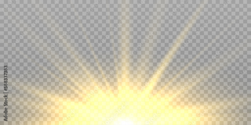 Yellow detonation effect. Sun rays with beams isolated on transparent ...