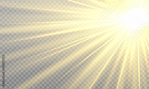 Yellow detonation effect. Sun rays with beams isolated on transparent background. Lens flare light effect. Sunlight a translucent special design of the light effect. Vector illustration. 