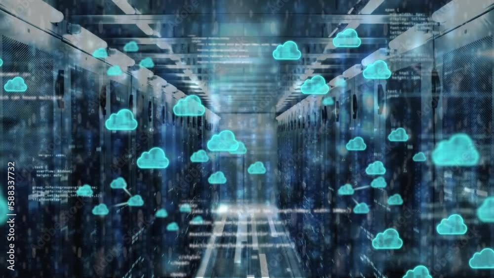 Animation of cloud icons and data processing over computer servers Animation of cloud icons and data processing over computer servers
