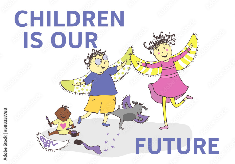 Obraz premium Hand drawn digital JPG Image of funny of children. Boy, girl, dog. Family. Horizontal print for poster, card. White background