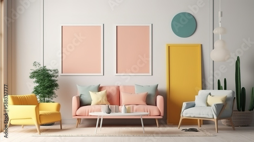 3d rendering mock up frame in living room with sofa. Generative Ai