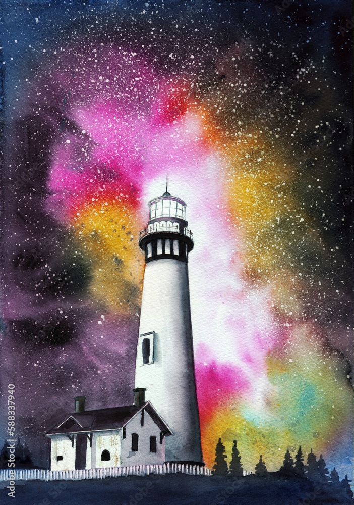Watercolor illustration of a lighthouse on the hill at night with beautiful starry sky on the background 