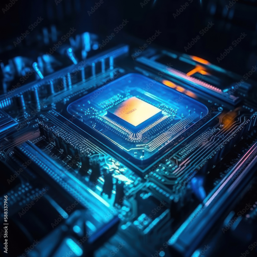 Illustration of a microcircuit, processor with backlight, macro photography generative ai Illustration of a microcircuit, processor with backlight, macro photography generative ai