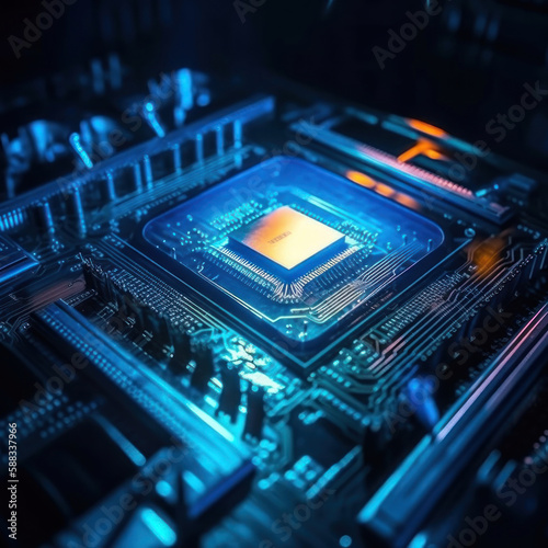 Illustration of a microcircuit, processor with backlight, macro photography generative ai