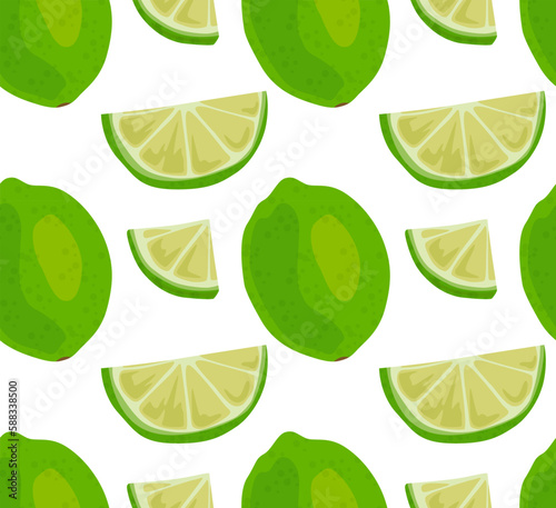 Vector seamless pattern of a whole lime and its slices. Pattern with fruits. Suitable for print and background.