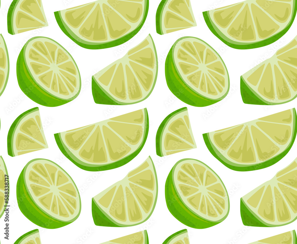 Hand drawn lime slices with peel. Seamless pattern in vector. Pattern with fruits. Suitable for print and background.