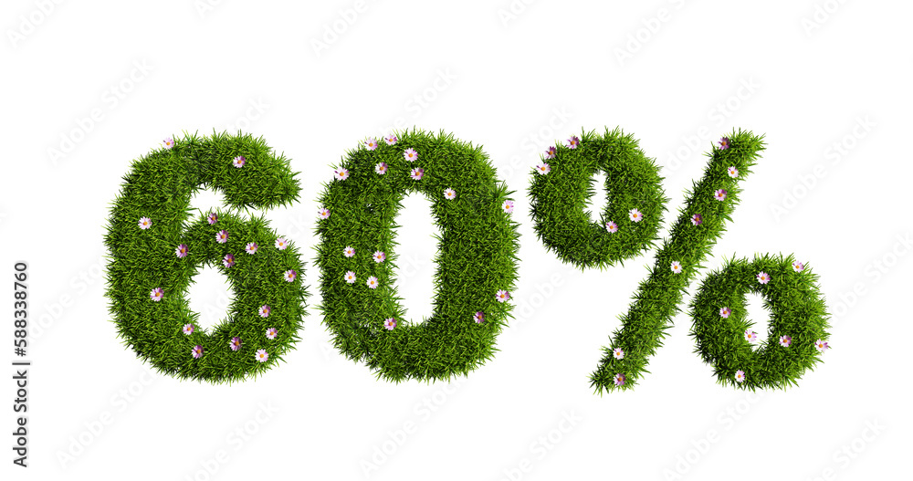 A 60 percent discount sign made of green grass and pink flowers isolated on a white background, 3d rendering A 60 percent discount sign made of green grass and pink flowers isolated on a white background, 3d rendering