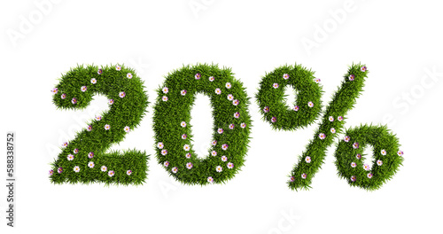 A 20 percent discount sign made of green grass and pink flowers isolated on a white background, a concept of discounts and promotions at sales, an element of spring and summer design, 3d rendering