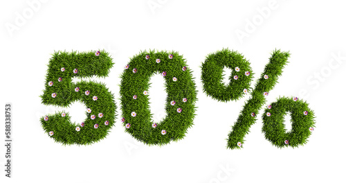 A 50 percent discount sign made of green grass and pink flowers isolated on a white, 3d rendering