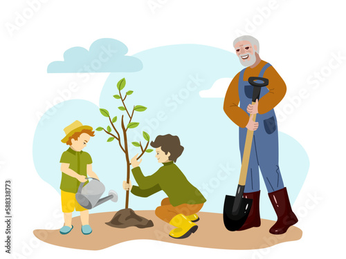 Happy grandfather and his grandchild Planting Tree Together. Activity in the garden. Vector illustration