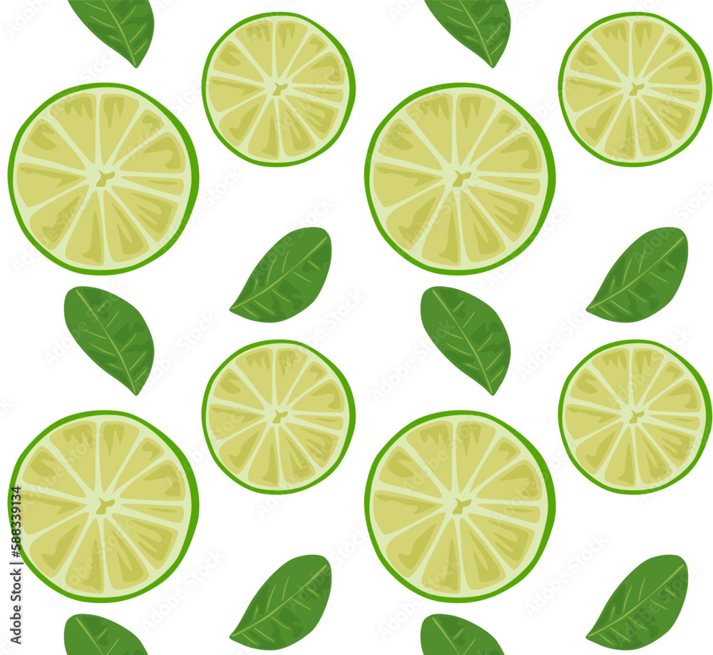 Round lime slices with lime leaves. Seamless pattern in vector. Popular pattern with fruits. Suitable for print and background.