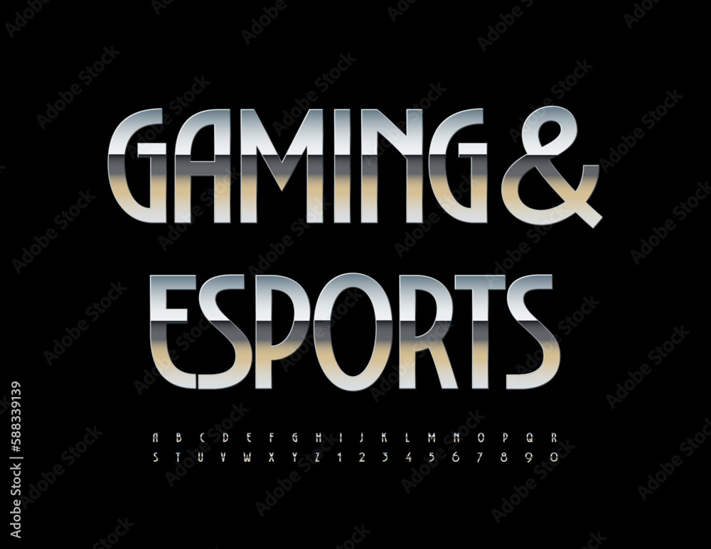 Vector digital banner Gaming and Esports. Elegant Silver Font. Chic set of metallic Alphabet Letters and Numbers