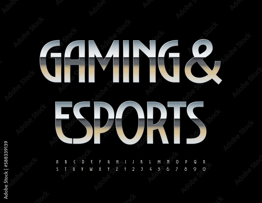 Vector digital banner Gaming and Esports. Elegant Silver Font. Chic set of metallic Alphabet Letters and Numbers Vector digital banner Gaming and Esports. Elegant Silver Font. Chic set of metallic Alphabet Letters and Numbers