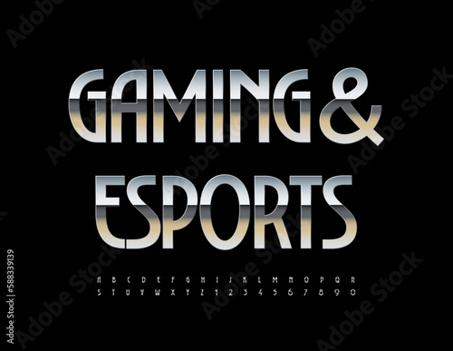 Vector digital banner Gaming and Esports. Elegant Silver Font. Chic set of metallic Alphabet Letters and Numbers