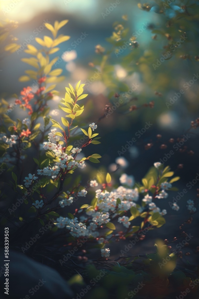 Beautiful landscape with plants and flowers. Magic spring background. Generative AI