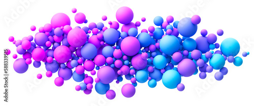 Abstract composition with dreamy blue pink purple vibrant neon gradient random flying spheres isolated on transparent background. Colorful neon matte soft balls in different sizes. PNG file