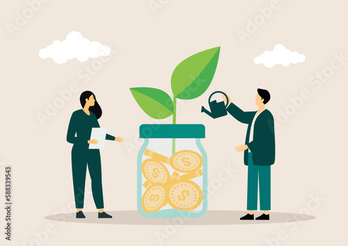 Plant money coin tree growth illustration for Investment Concept. income salary rate increase concept with people character and dollar symbol. Business profit performance of return on investment.
