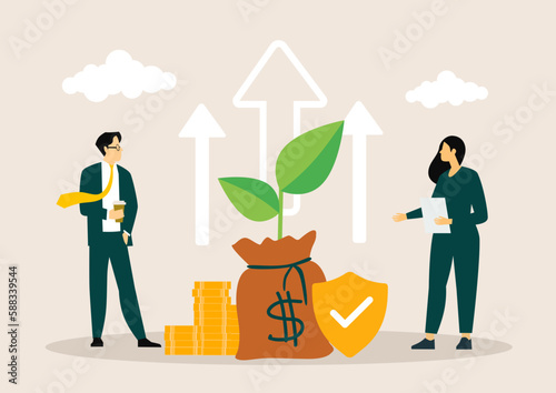 Plant money coin tree growth illustration for Investment Concept. income salary rate increase concept with people character and dollar symbol. Business profit performance of return on investment.