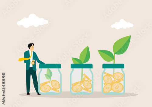 Plant money coin tree growth illustration for Investment Concept. income salary rate increase concept with people character and dollar symbol. Business profit performance of return on investment.