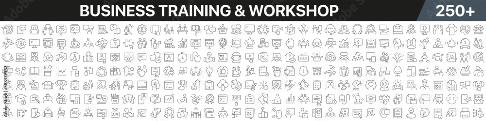 Business training and workshop linear icons collection. Big set of more 250 thin line icons in black. Business training and workshop black icons. Vector illustration