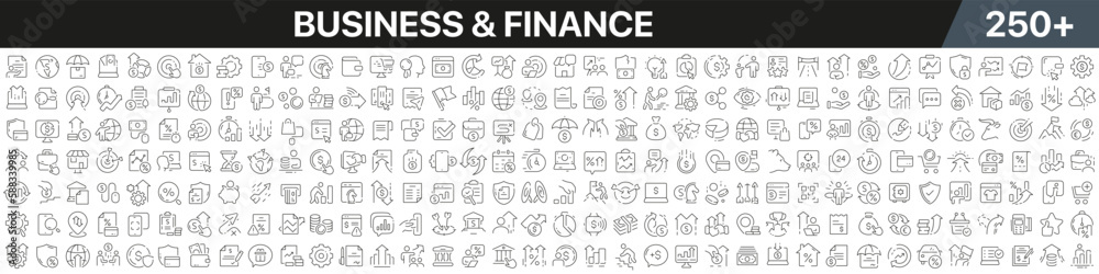 Business and finance linear icons collection. Big set of more 250 thin line icons in black. Business and finance black icons. Vector illustration