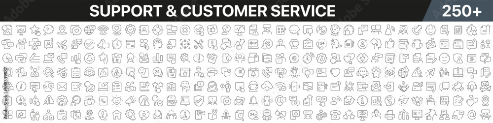 Support and customer service linear icons collection. Big set of more 250 thin line icons in black. Support and customer service black icons. Vector illustration Support and customer service linear icons collection. Big set of more 250 thin line icons in black. Support and customer service black icons. Vector illustration