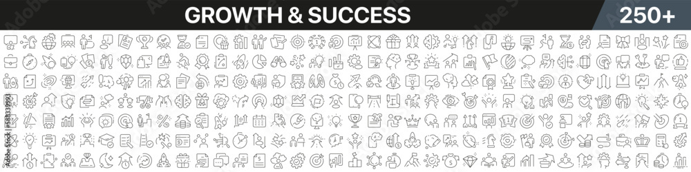 Growth and success linear icons collection. Big set of more 250 thin line icons in black. Growth and success black icons. Vector illustration