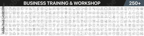 Business training and workshop linear icons collection. Big set of more 250 thin line icons in black. Business training and workshop black icons. Vector illustration