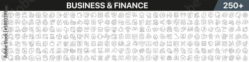 Business and finance linear icons collection. Big set of more 250 thin line icons in black. Business and finance black icons. Vector illustration