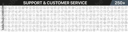 Support and customer service linear icons collection. Big set of more 250 thin line icons in black. Support and customer service black icons. Vector illustration